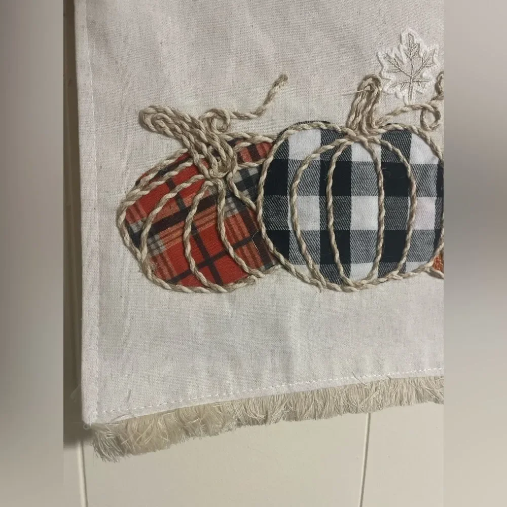 NWT Hobby Lobby Fall Pumpkin Table Runner Rustic Fringe Linen Embroidered